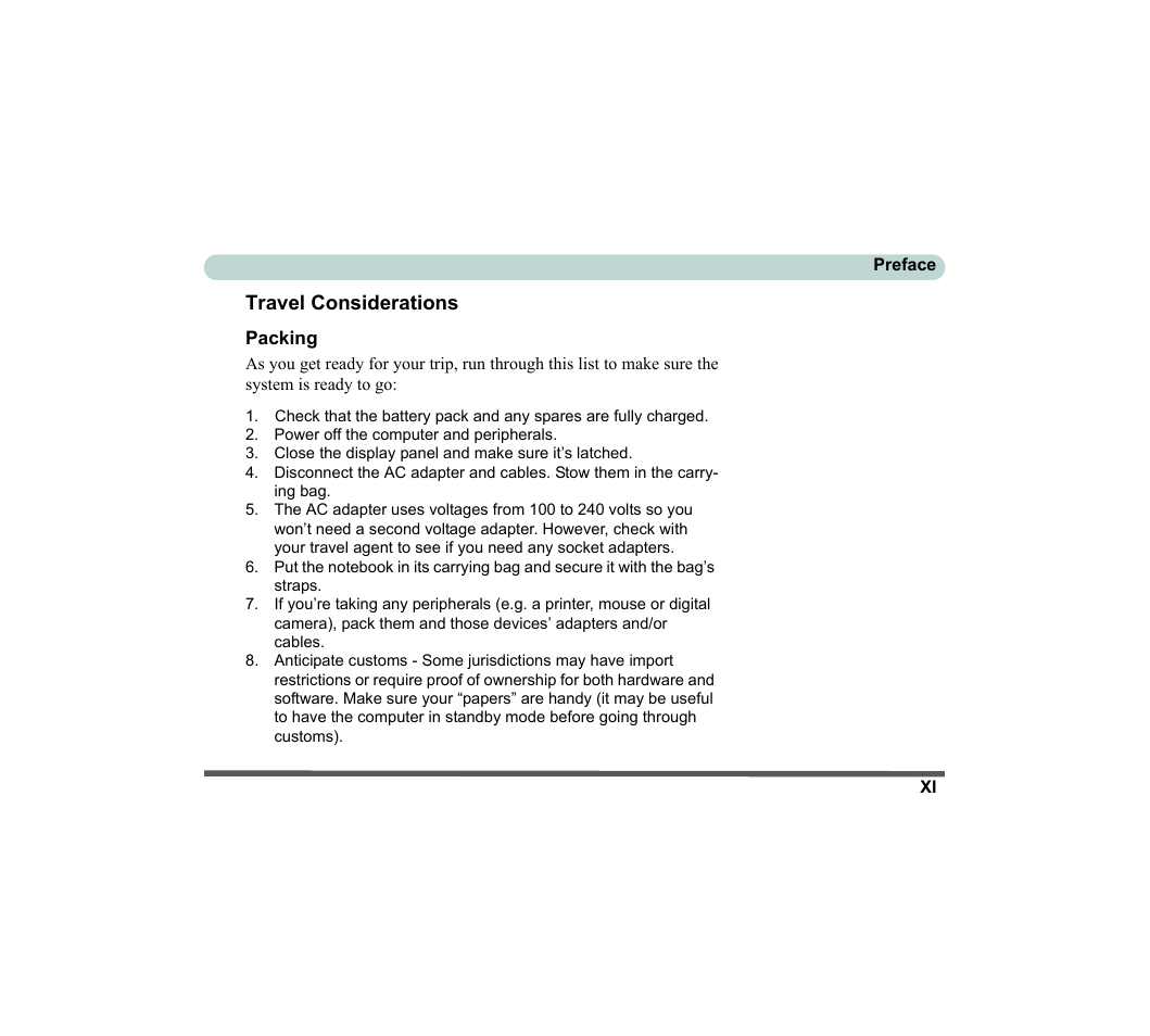 Travel considerations, Packing | chiliGREEN D620S U User Manual | Page 12 / 209