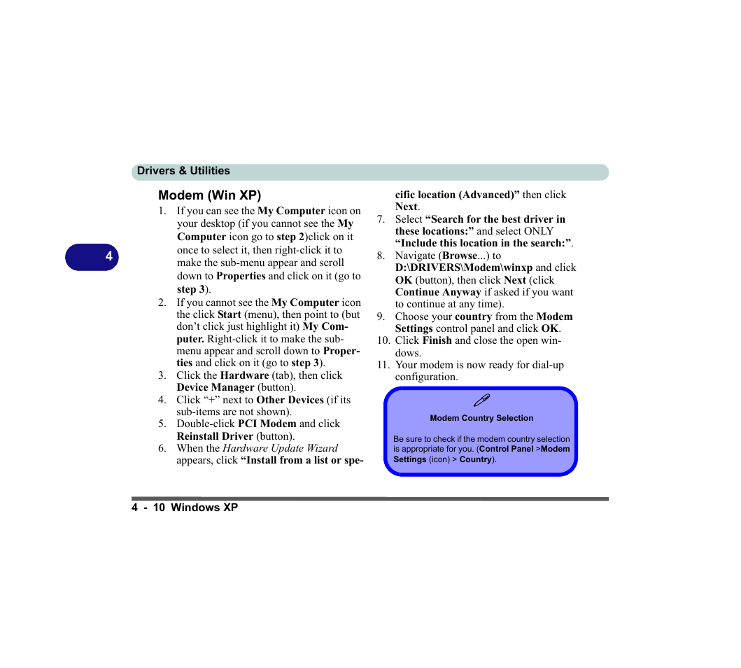 Modem (win xp), Modem country selection, Modem (win xp) -10 | chiliGREEN D620S U User Manual | Page 121 / 209