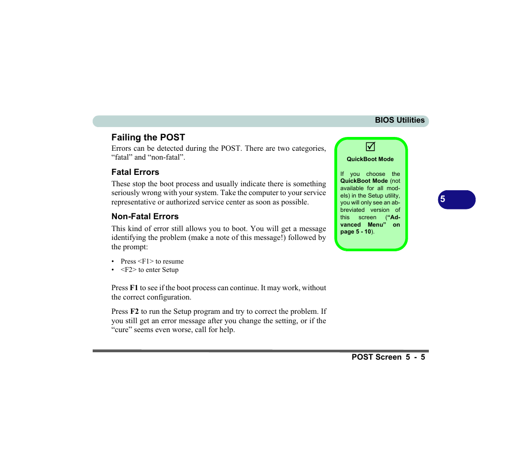 Failing the post, Quickboot mode, Fatal errors | Non-fatal errors | chiliGREEN D620S U User Manual | Page 130 / 209