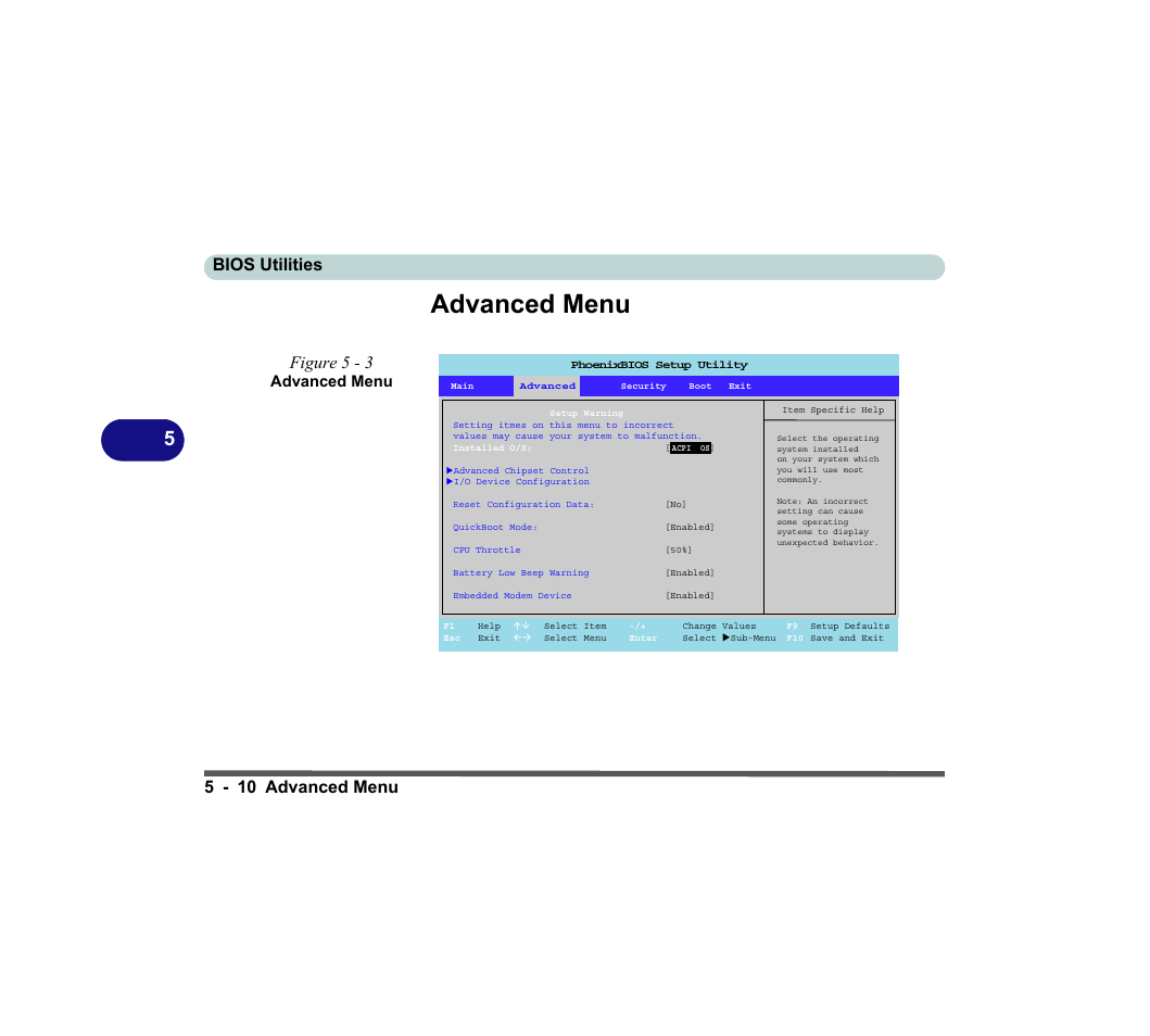 Advanced menu, Figure 5 - 3 advanced menu, Advanced menu -10 | Bios utilities 5 - 10 advanced menu, Figure 5 - 3 | chiliGREEN D620S U User Manual | Page 135 / 209