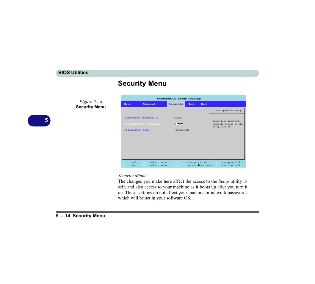 Security menu, Figure 5 - 4 security menu, Security menu -14 | Bios utilities 5 - 14 security menu | chiliGREEN D620S U User Manual | Page 139 / 209