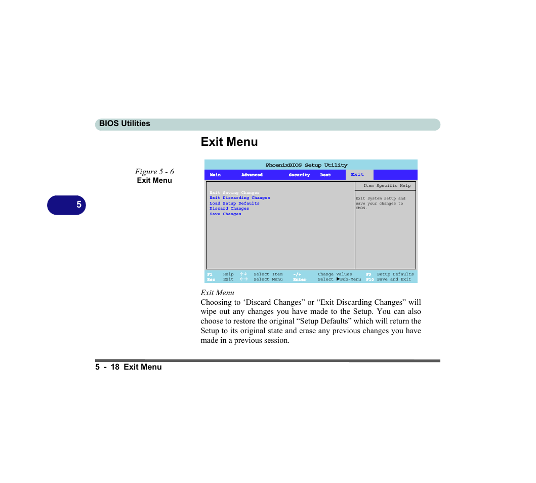 Exit menu, Figure 5 - 6 exit menu, Exit menu -18 | Bios utilities 5 - 18 exit menu | chiliGREEN D620S U User Manual | Page 143 / 209