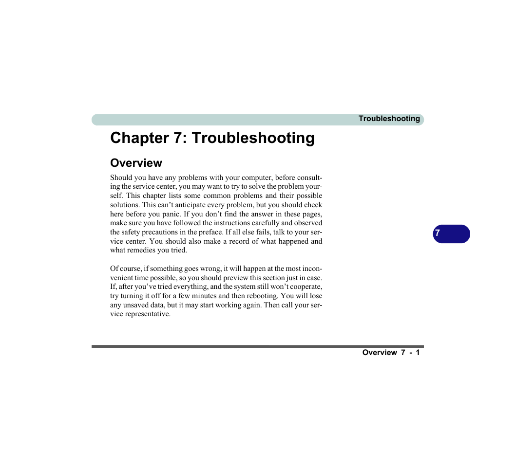 Chapter 7: troubleshooting, Overview, Troubleshooting -1 | Overview -1 | chiliGREEN D620S U User Manual | Page 158 / 209