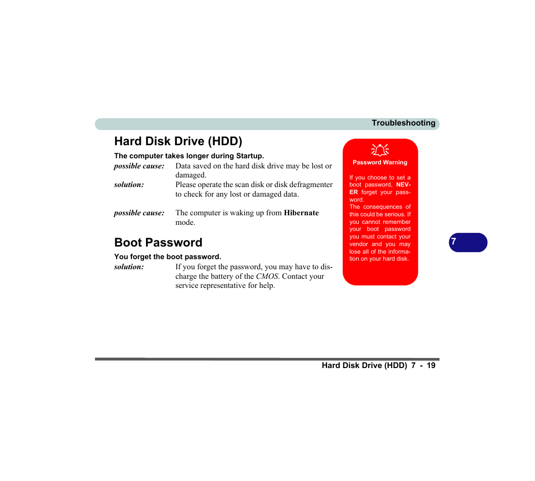 Hard disk drive (hdd), Password warning, Boot password | Hard disk drive (hdd) -19 boot password -19 | chiliGREEN D620S U User Manual | Page 176 / 209