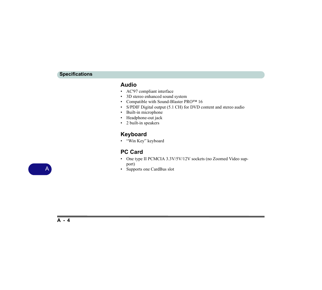 Audio, Pc card | chiliGREEN D620S U User Manual | Page 205 / 209