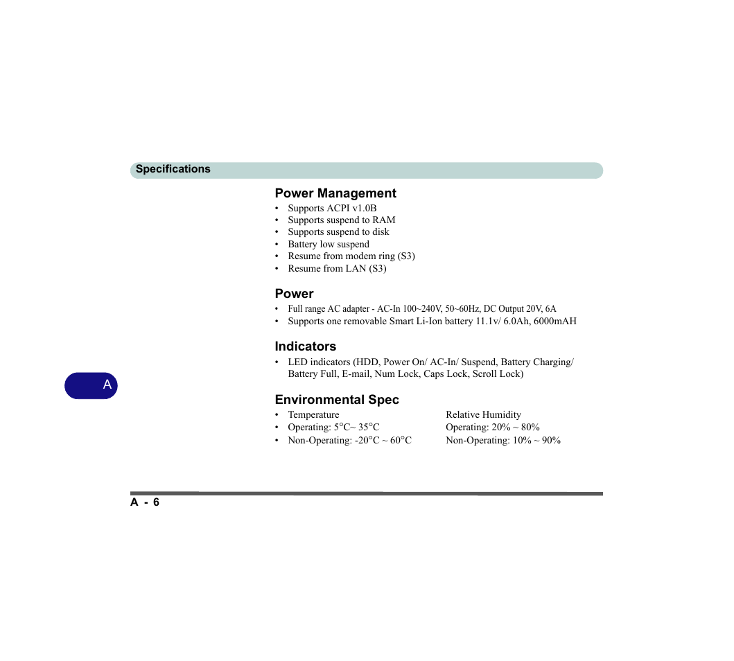 Power management, Power, Indicators | Environmental spec | chiliGREEN D620S U User Manual | Page 207 / 209