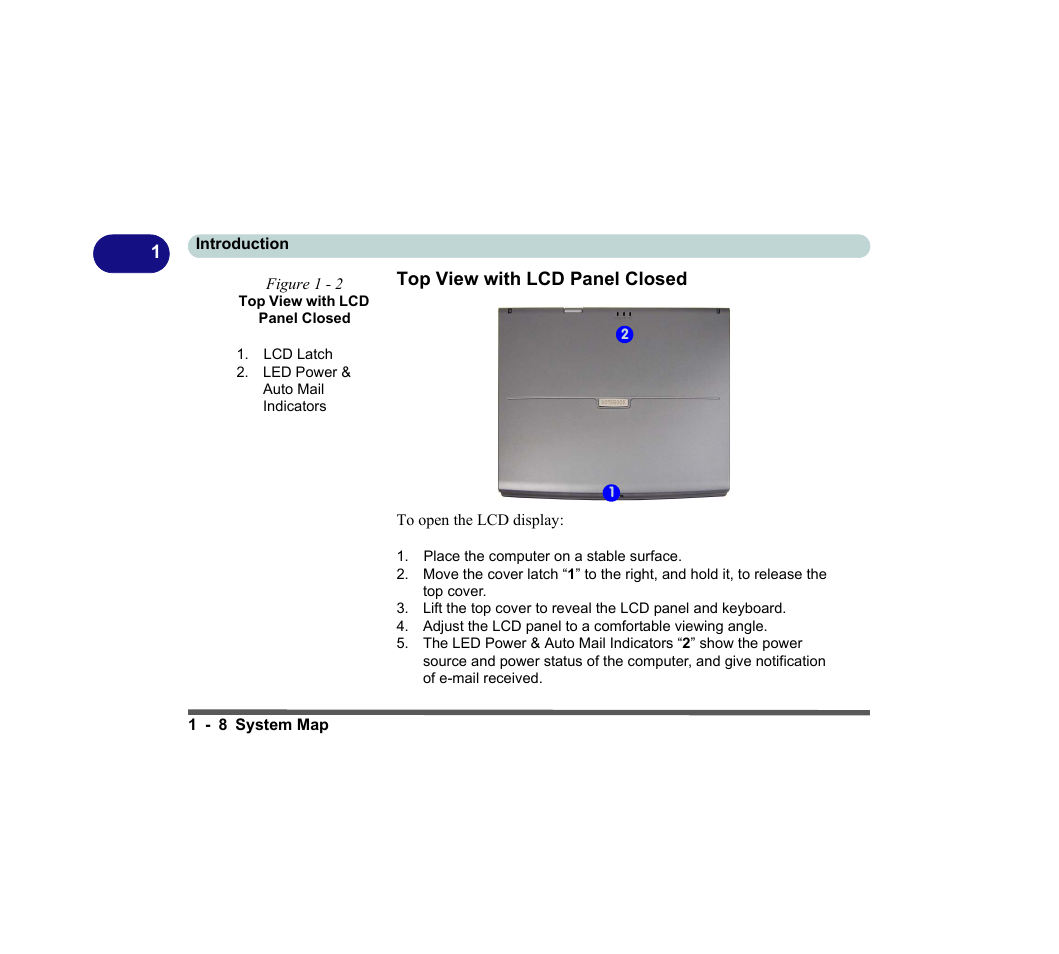 Top view with lcd panel closed, Figure 1 - 2 top view with lcd panel closed, Top view with lcd panel closed -8 | chiliGREEN D620S U User Manual | Page 37 / 209