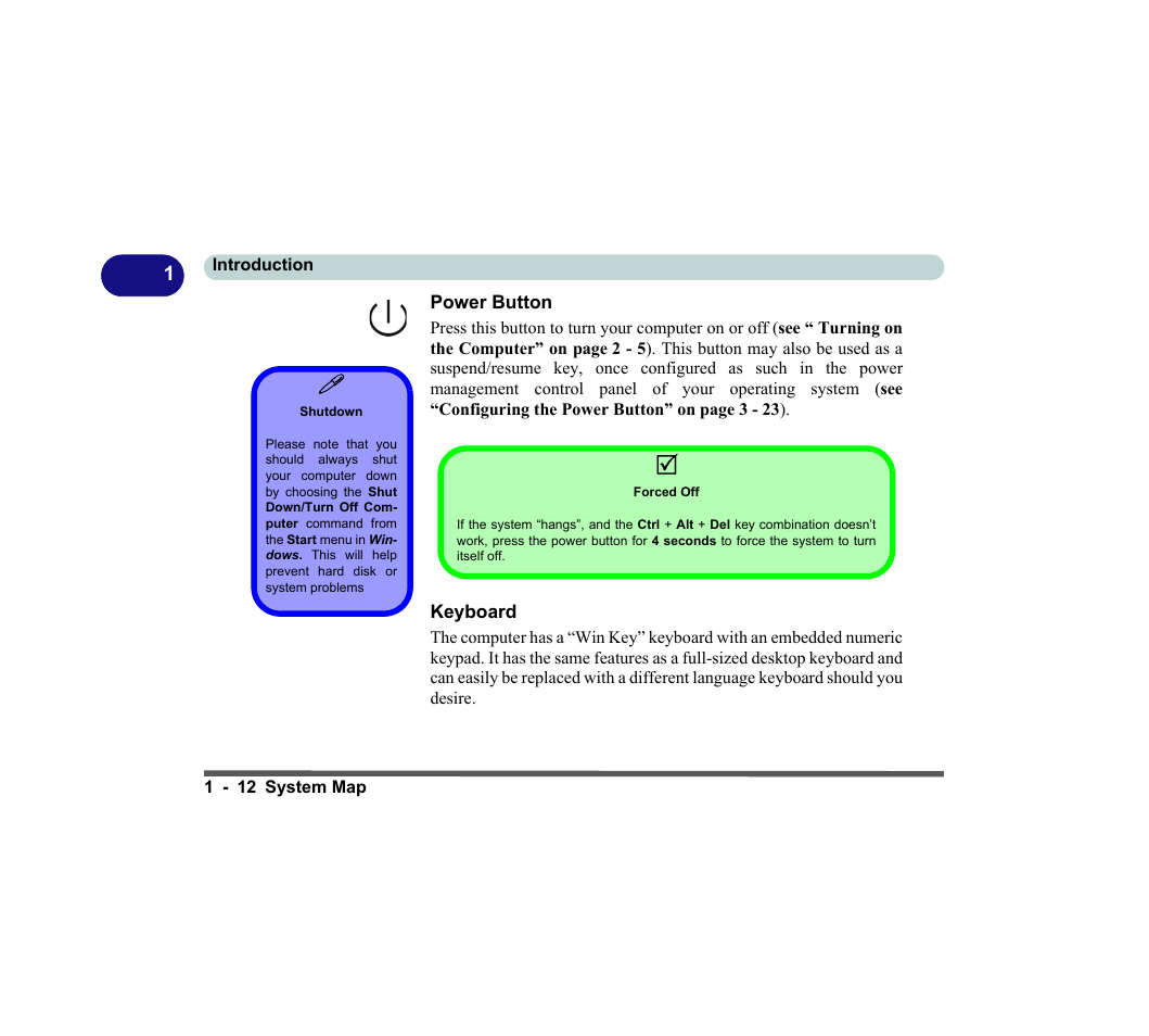 Power button, Shutdown, Forced off | Keyboard, Power button -12 keyboard -12 | chiliGREEN D620S U User Manual | Page 41 / 209