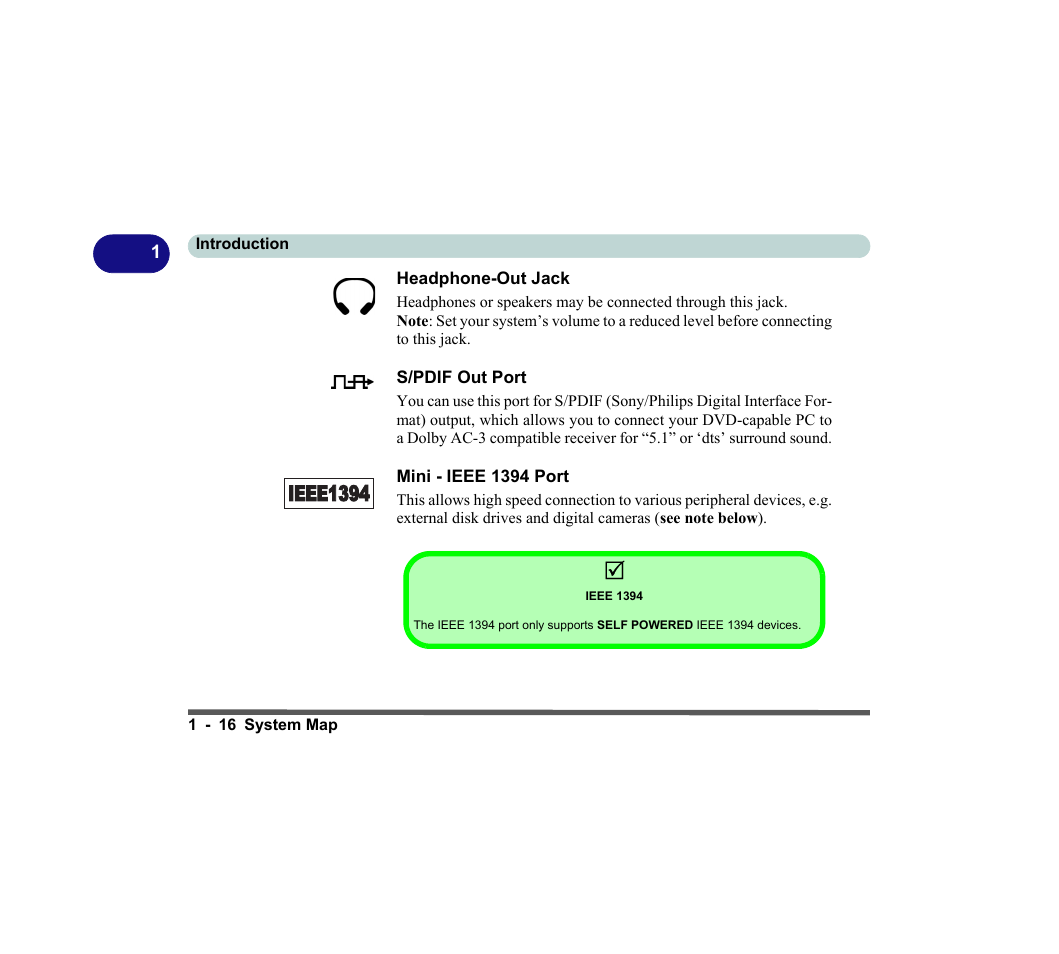 Headphone-out jack, S/pdif out port, Mini - ieee 1394 port | Ieee 1394 | chiliGREEN D620S U User Manual | Page 45 / 209