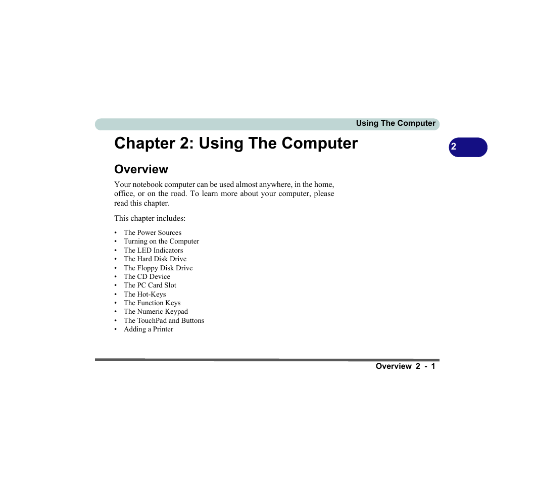 Chapter 2: using the computer, Overview, Using the computer -1 | Overview -1 | chiliGREEN D620S U User Manual | Page 54 / 209