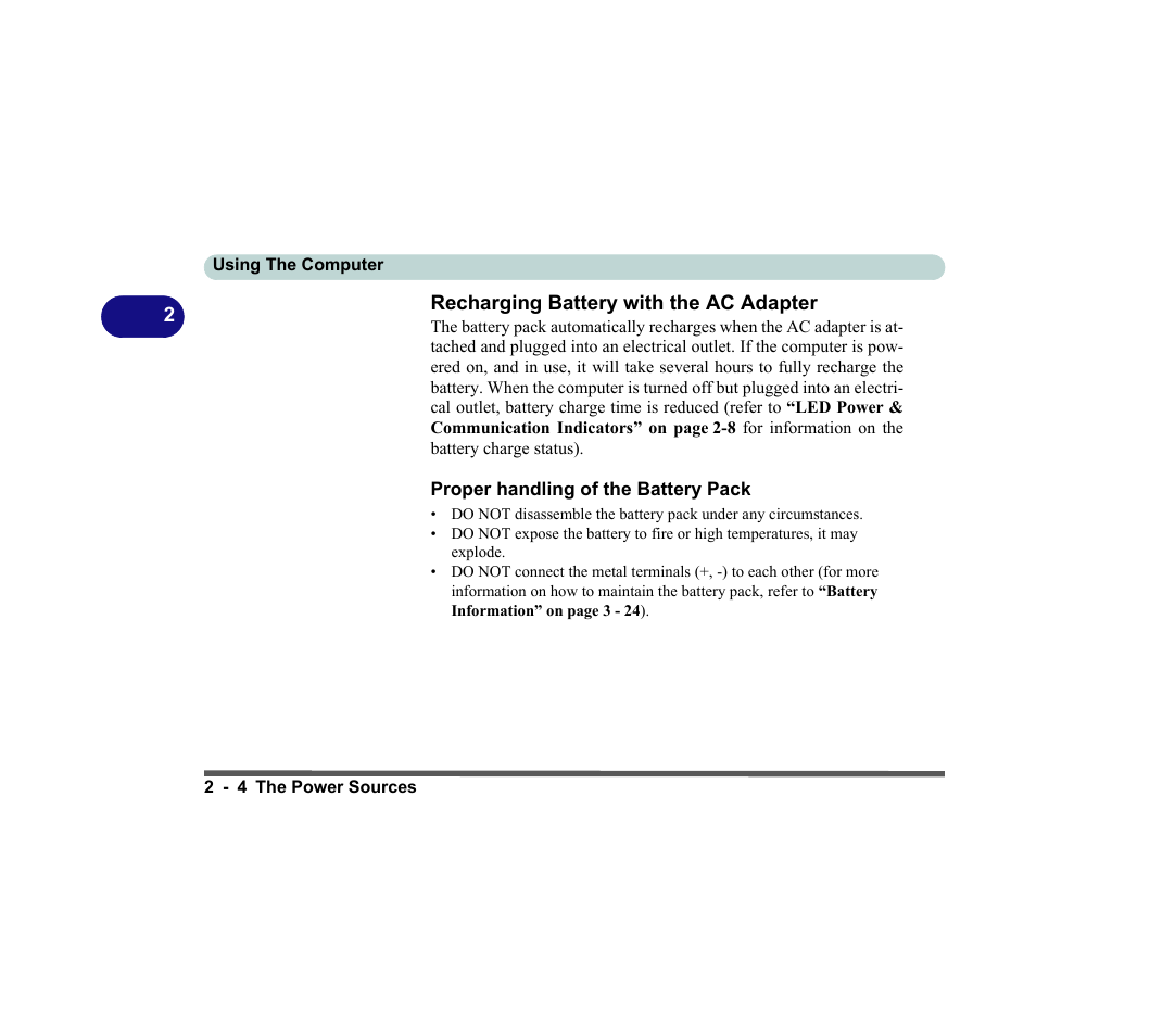 Recharging battery with the ac adapter, Proper handling of the battery pack | chiliGREEN D620S U User Manual | Page 57 / 209