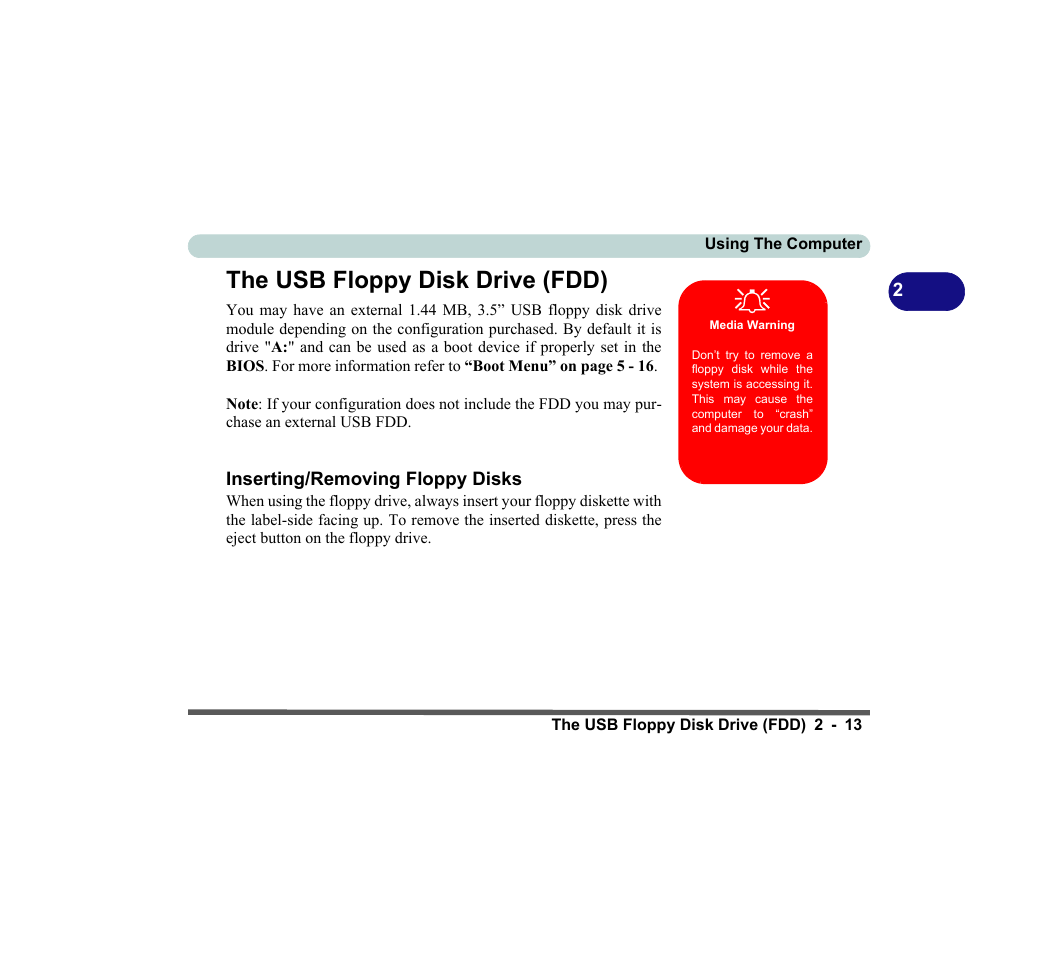 The usb floppy disk drive (fdd), Media warning, Inserting/removing floppy disks | chiliGREEN D620S U User Manual | Page 66 / 209