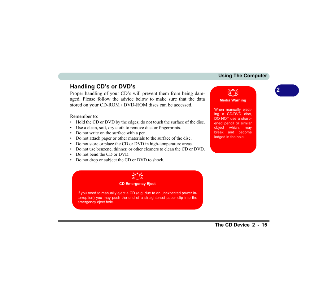 Handling cd’s or dvd’s, Media warning, Cd emergency eject | Handling cd’s or dvd’s -15 | chiliGREEN D620S U User Manual | Page 68 / 209