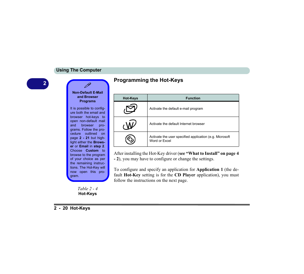 Programming the hot-keys, Non-default e-mail and browser programs, Table 2 - 4 hot-keys | Programming the hot-keys -20 | chiliGREEN D620S U User Manual | Page 73 / 209