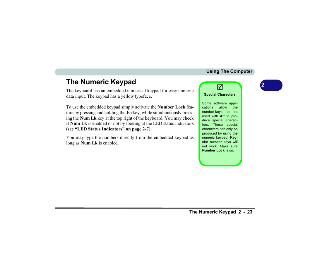 The numeric keypad, Special characters, The numeric keypad -23 | chiliGREEN D620S U User Manual | Page 76 / 209