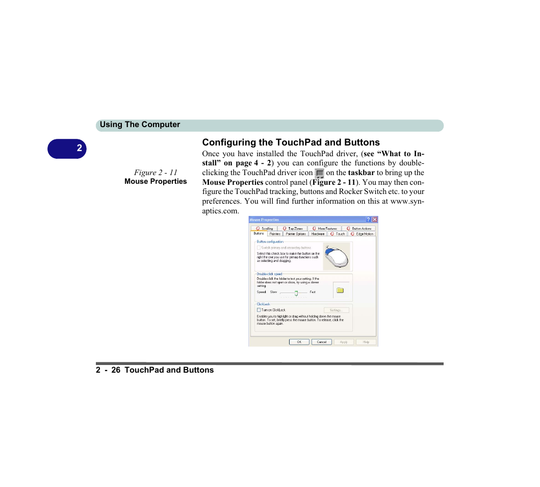 Configuring the touchpad and buttons, Figure 2 - 11 mouse properties, Configuring the touchpad and buttons -26 | chiliGREEN D620S U User Manual | Page 79 / 209