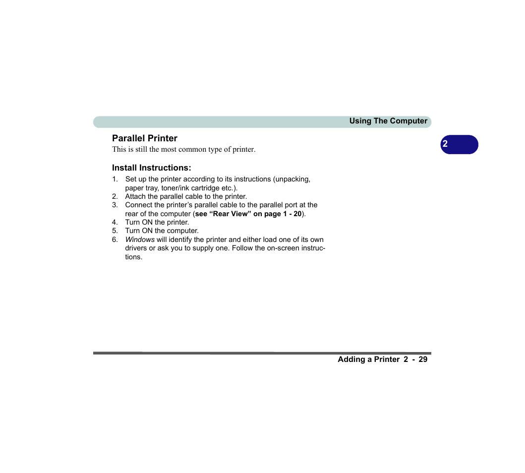 Parallel printer, Install instructions, Parallel printer -29 install instructions: -29 | chiliGREEN D620S U User Manual | Page 82 / 209