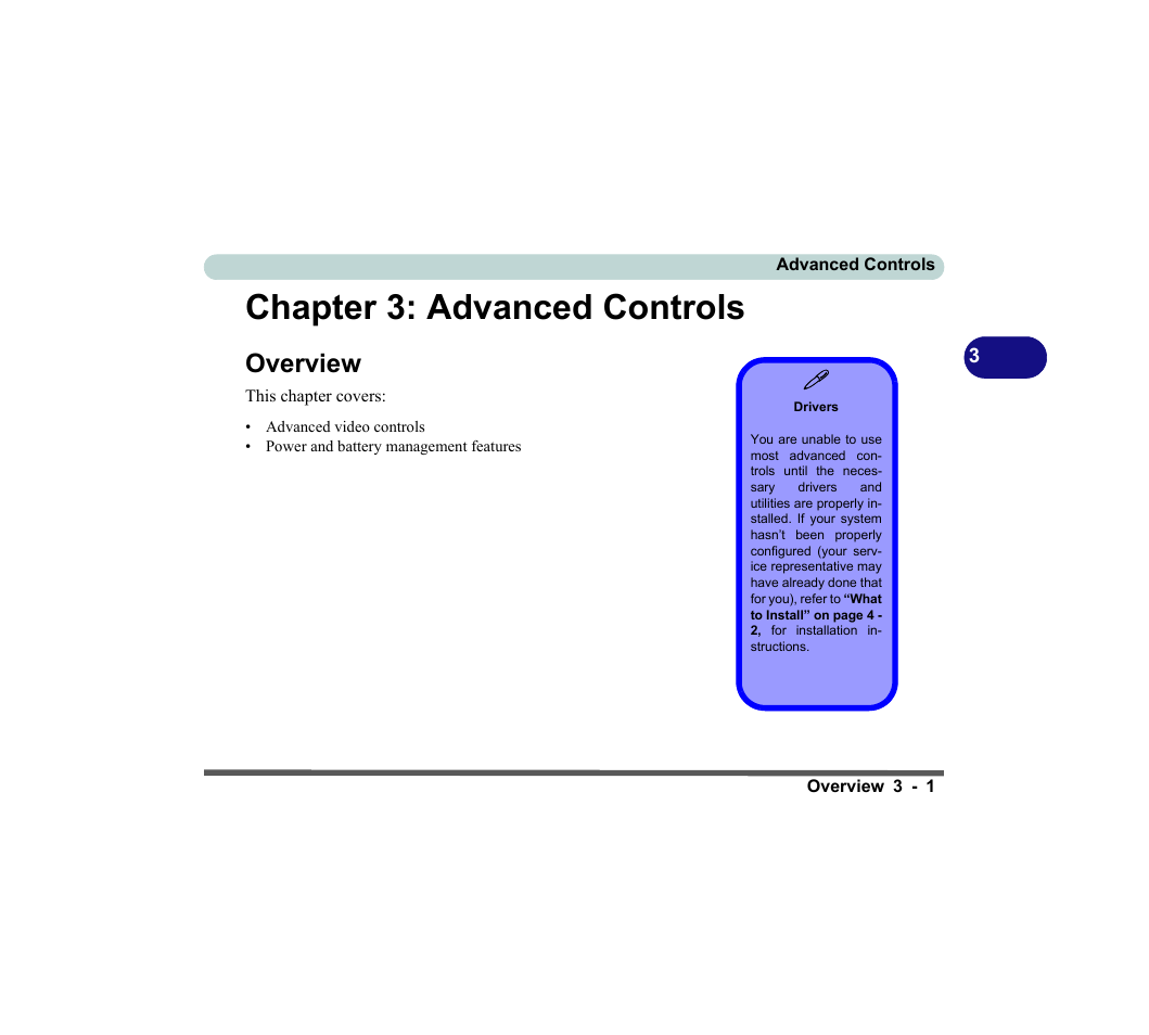 Chapter 3: advanced controls, Overview, Drivers | Advanced controls -1, Overview -1 | chiliGREEN D620S U User Manual | Page 84 / 209