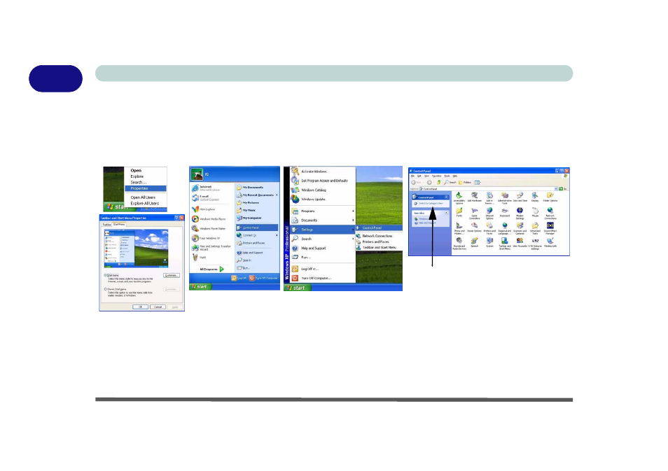Windows xp start menu & control panel, Windows xp start menu & control panel -14 | chiliGREEN M400A User Manual | Page 34 / 162