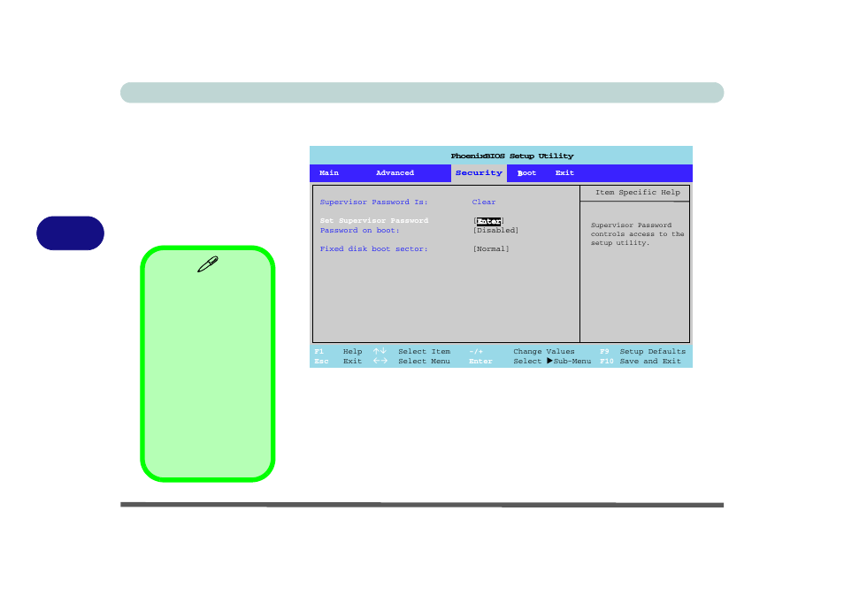 Security menu, Set supervisor password (security menu), Bios utilities 5 - 10 security menu | Figure 5 - 4 | chiliGREEN M400A User Manual | Page 86 / 162