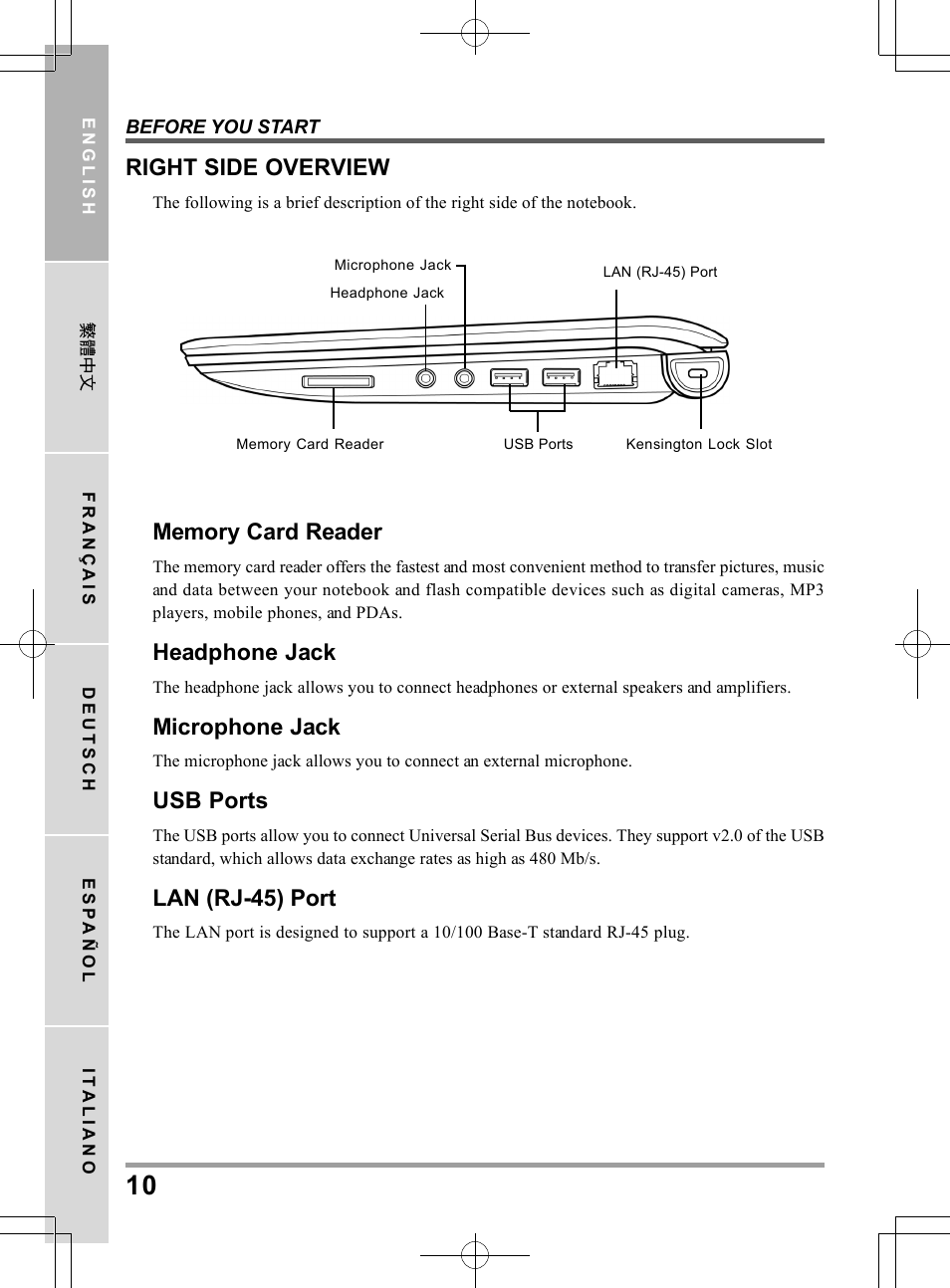 Headphone jack, Microphone jack, Usb ports | Lan (rj-45) port, Right side overview | chiliGREEN QW6 User Manual | Page 10 / 198