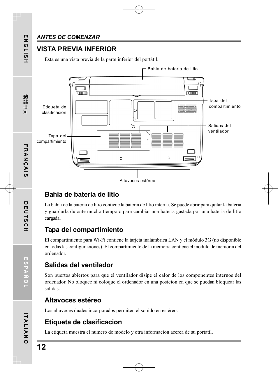 Vista previa inferior, Bahia de bateria de litio, Tapa del compartimiento | Salidas del ventilador, Altavoces estéreo, Etiqueta de clasificacion | chiliGREEN QW6 User Manual | Page 100 / 198