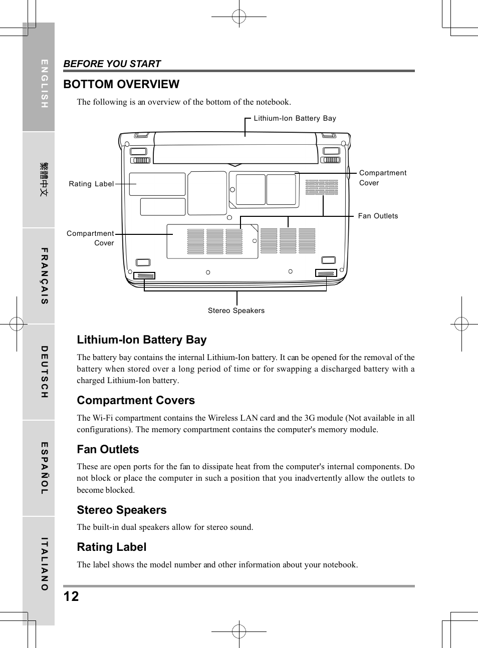 Bottom overview, Lithium-ion battery bay, Compartment covers | Fan outlets, Stereo speakers, Rating label | chiliGREEN QW6 User Manual | Page 12 / 198