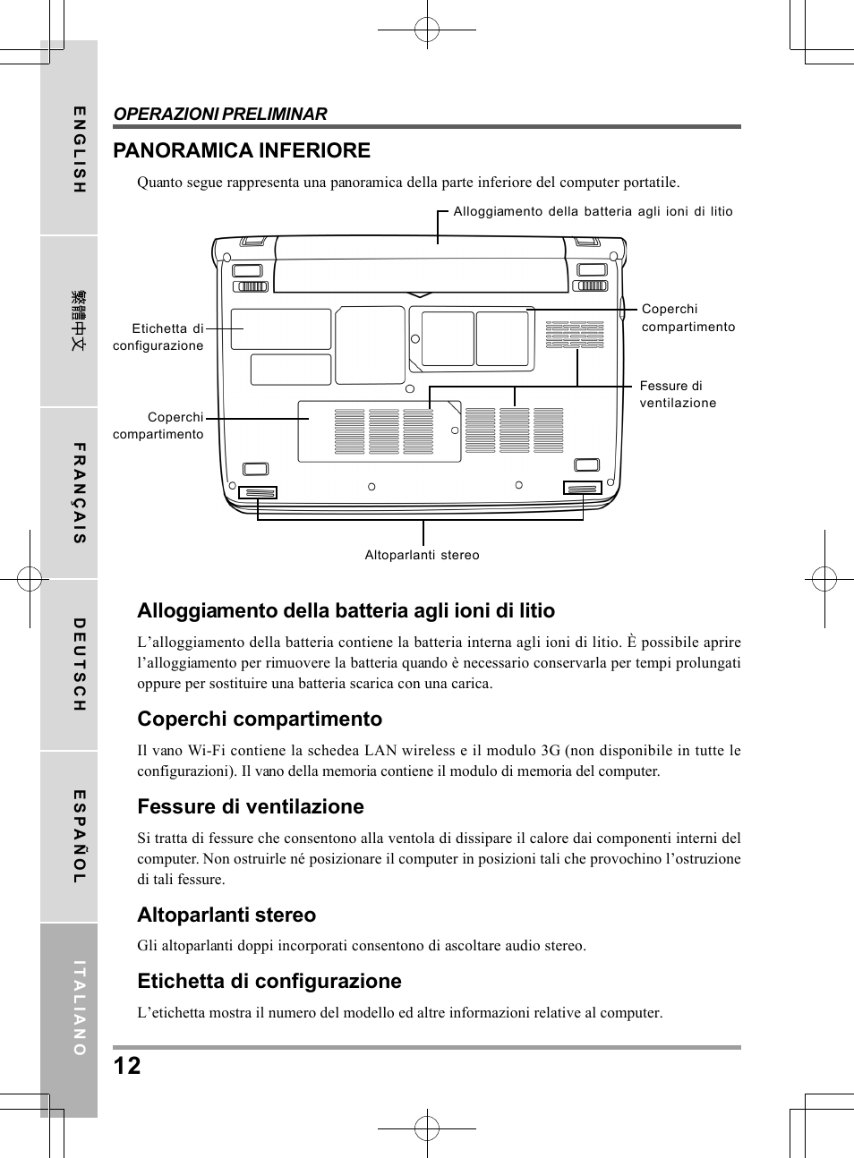 Panoramica inferiore, Alloggiamento della batteria agli ioni di litio, Coperchi compartimento | Fessure di ventilazione, Altoparlanti stereo, Etichetta di configurazione | chiliGREEN QW6 User Manual | Page 122 / 198