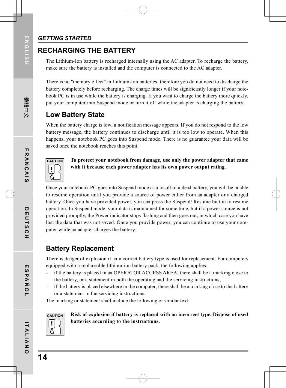 Recharging the battery, Low battery state, Battery replacement | chiliGREEN QW6 User Manual | Page 14 / 198