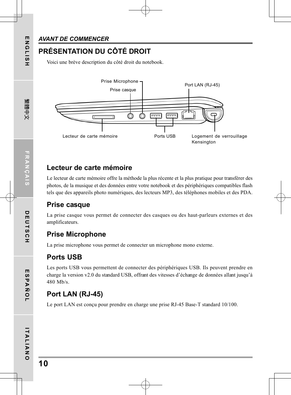 Lecteur de carte mémoire, Prise casque, Prise microphone | Ports usb, Port lan (rj-45), Présentation du côté droit | chiliGREEN QW6 User Manual | Page 54 / 198