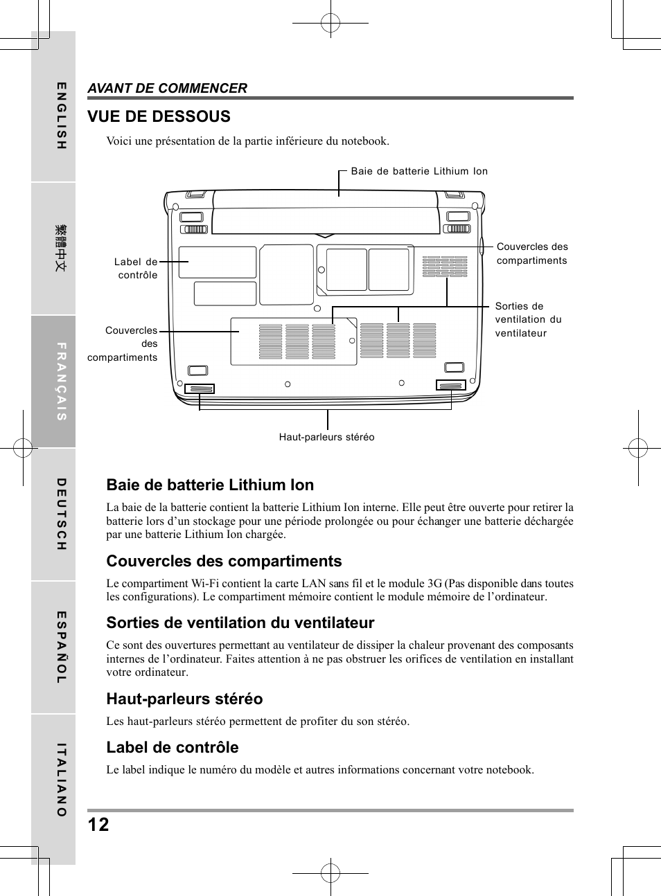 Baie de batterie lithium ion, Couvercles des compartiments, Sorties de ventilation du ventilateur | Haut-parleurs stéréo, Label de contrôle, Vue de dessous | chiliGREEN QW6 User Manual | Page 56 / 198