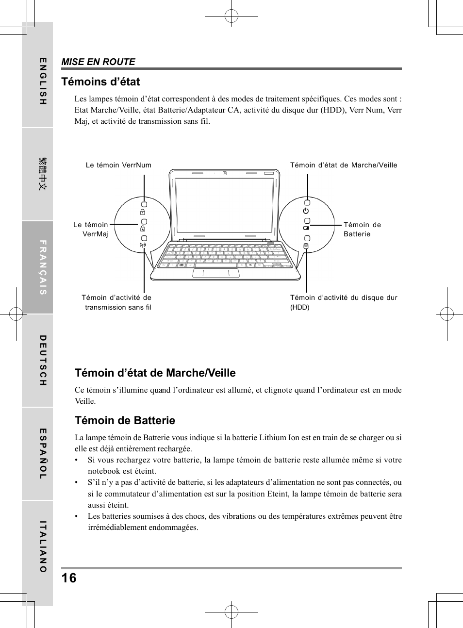 Témoins d’état, Témoin d’état de marche/veille, Témoin de batterie | chiliGREEN QW6 User Manual | Page 60 / 198