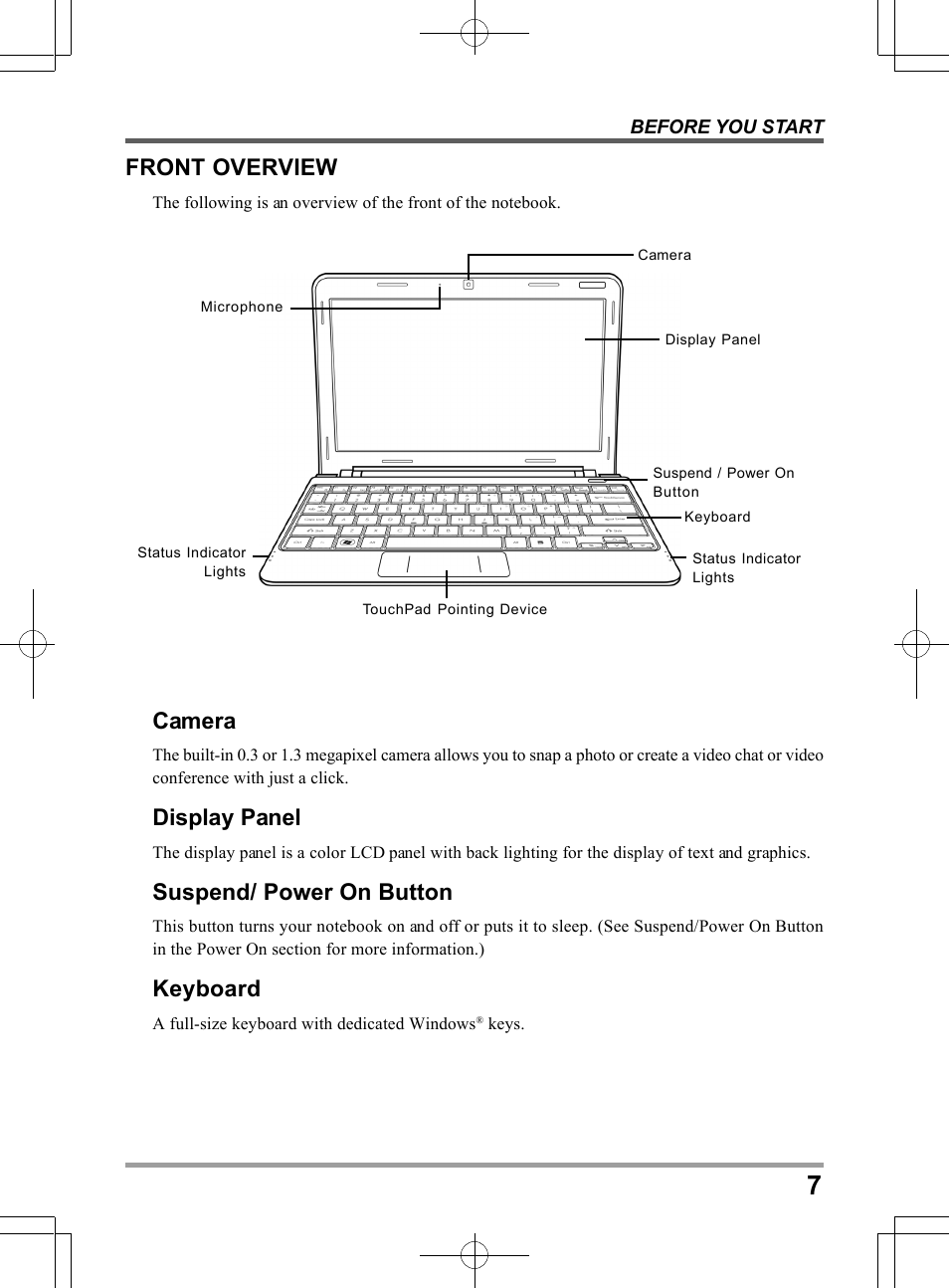 Front overview, Camera, Display panel | Suspend/ power on button, Keyboard | chiliGREEN QW6 User Manual | Page 7 / 198