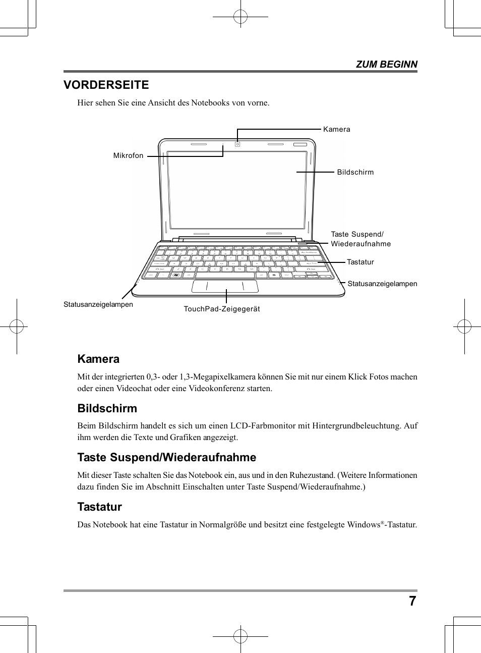 Vorderseite, Kamera, Bildschirm | Taste suspend/wiederaufnahme, Tastatur | chiliGREEN QW6 User Manual | Page 73 / 198