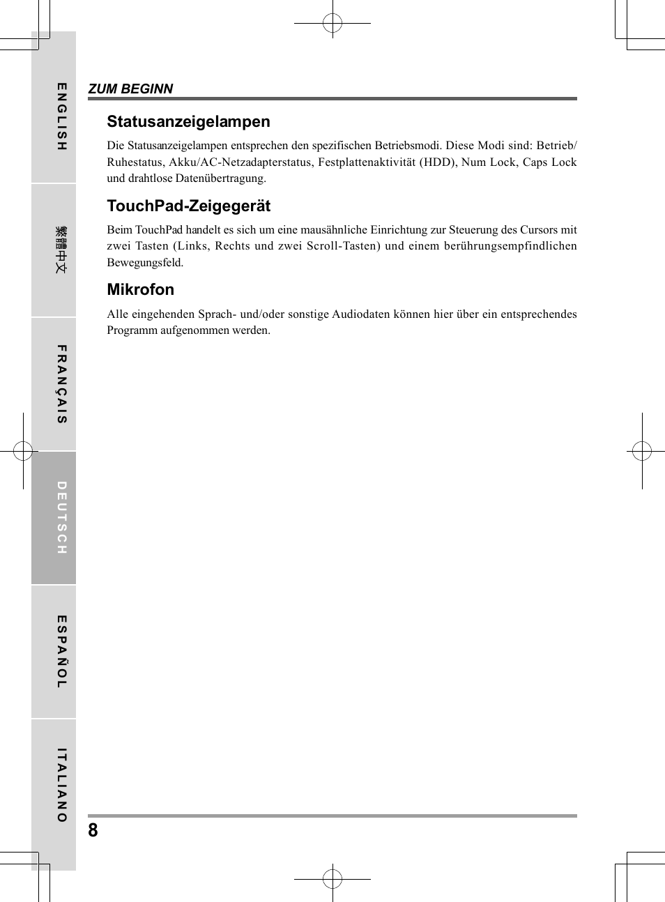 Statusanzeigelampen, Touchpad-zeigegerät, Mikrofon | chiliGREEN QW6 User Manual | Page 74 / 198