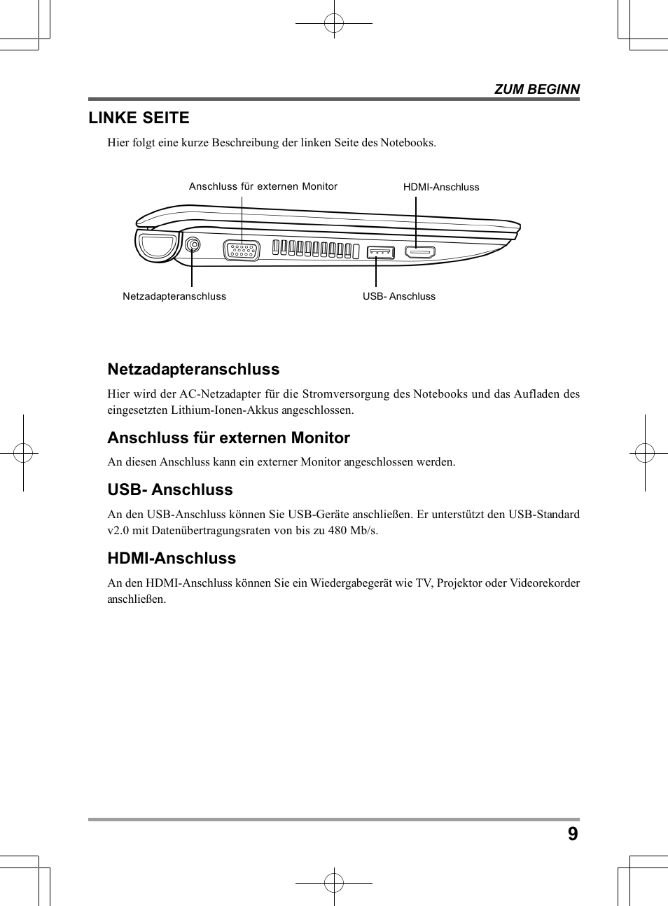 Netzadapteranschluss, Anschluss für externen monitor, Usb- anschluss | Hdmi-anschluss, Linke seite | chiliGREEN QW6 User Manual | Page 75 / 198