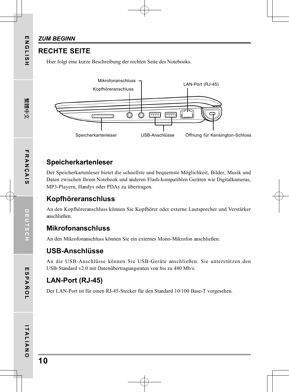 Speicherkartenleser, Kopfhöreranschluss, Mikrofonanschluss | Usb-anschlüsse, Lan-port (rj-45), Rechte seite | chiliGREEN QW6 User Manual | Page 76 / 198