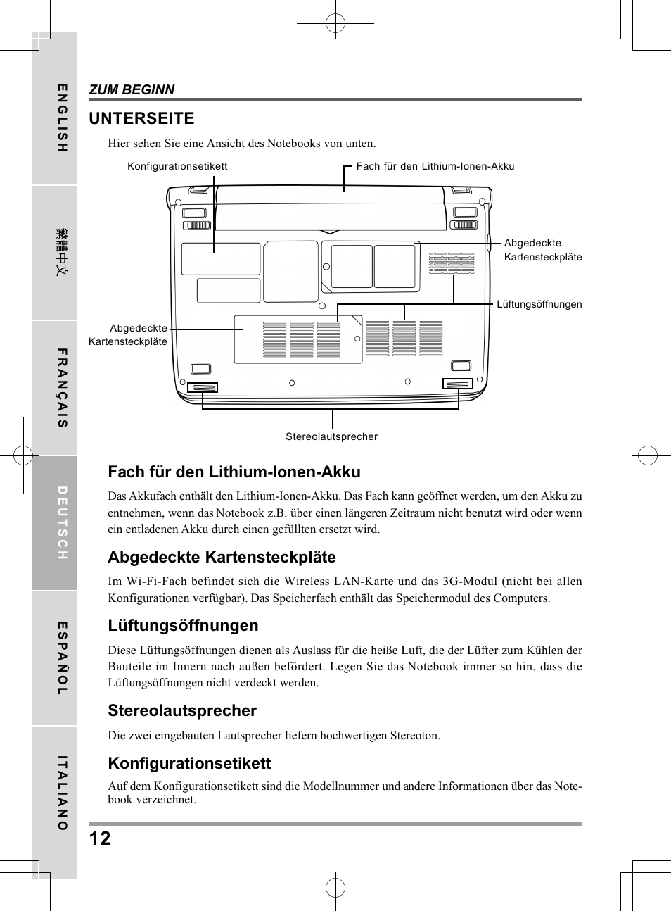 Unterseite, Fach für den lithium-ionen-akku, Abgedeckte kartensteckpläte | Lüftungsöffnungen, Stereolautsprecher, Konfigurationsetikett | chiliGREEN QW6 User Manual | Page 78 / 198