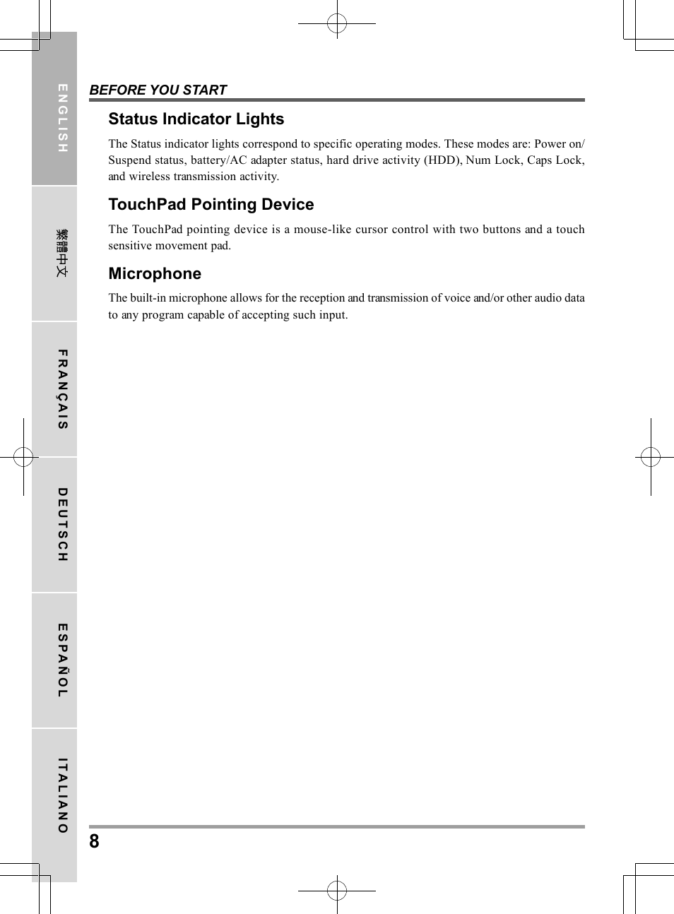 Status indicator lights, Touchpad pointing device, Microphone | chiliGREEN QW6 User Manual | Page 8 / 198