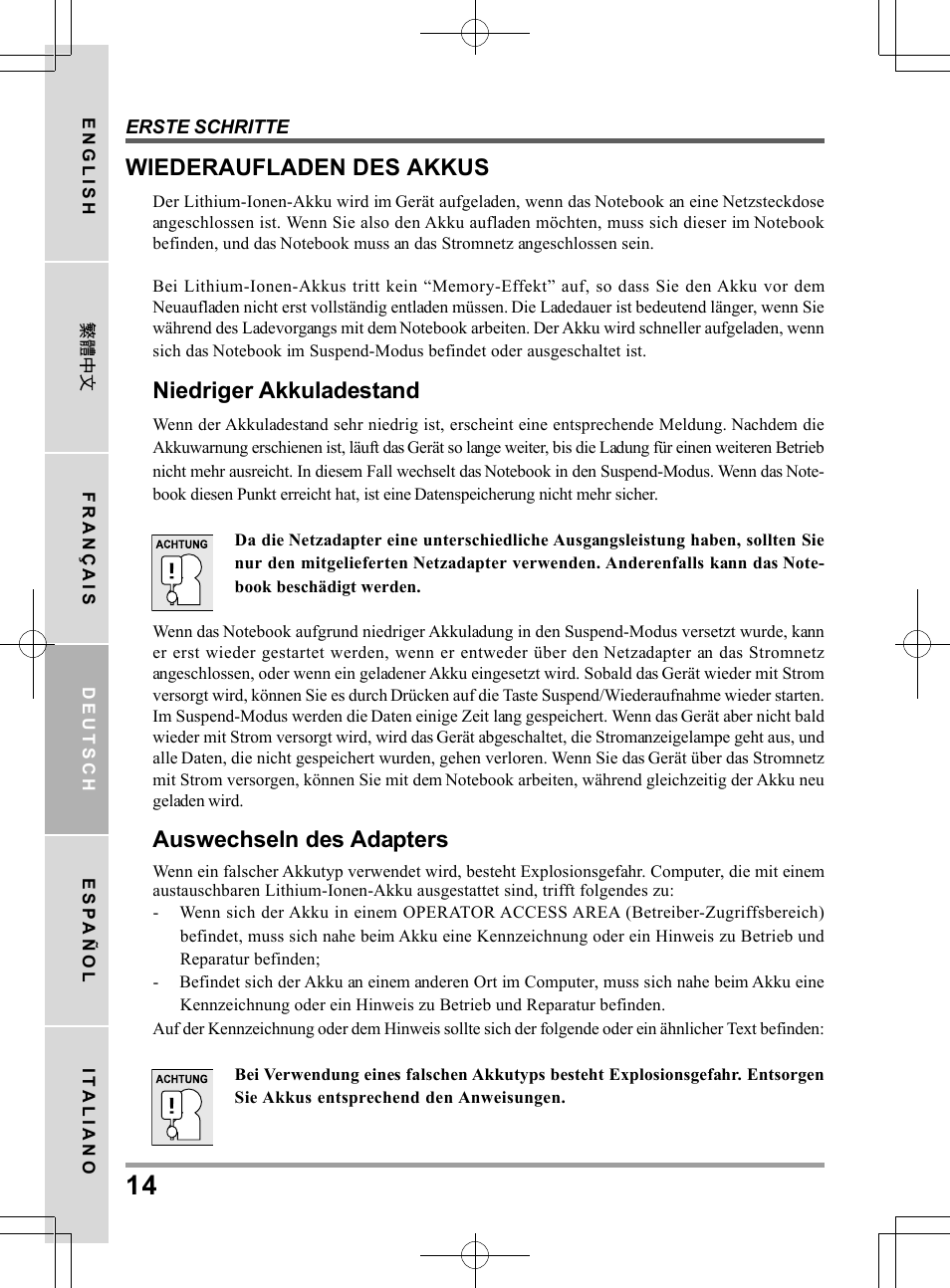 Wiederaufladen des akkus, Niedriger akkuladestand, Auswechseln des adapters | chiliGREEN QW6 User Manual | Page 80 / 198