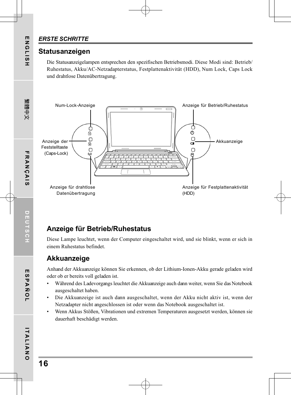 Statusanzeigen, Anzeige für betrieb/ruhestatus, Akkuanzeige | chiliGREEN QW6 User Manual | Page 82 / 198