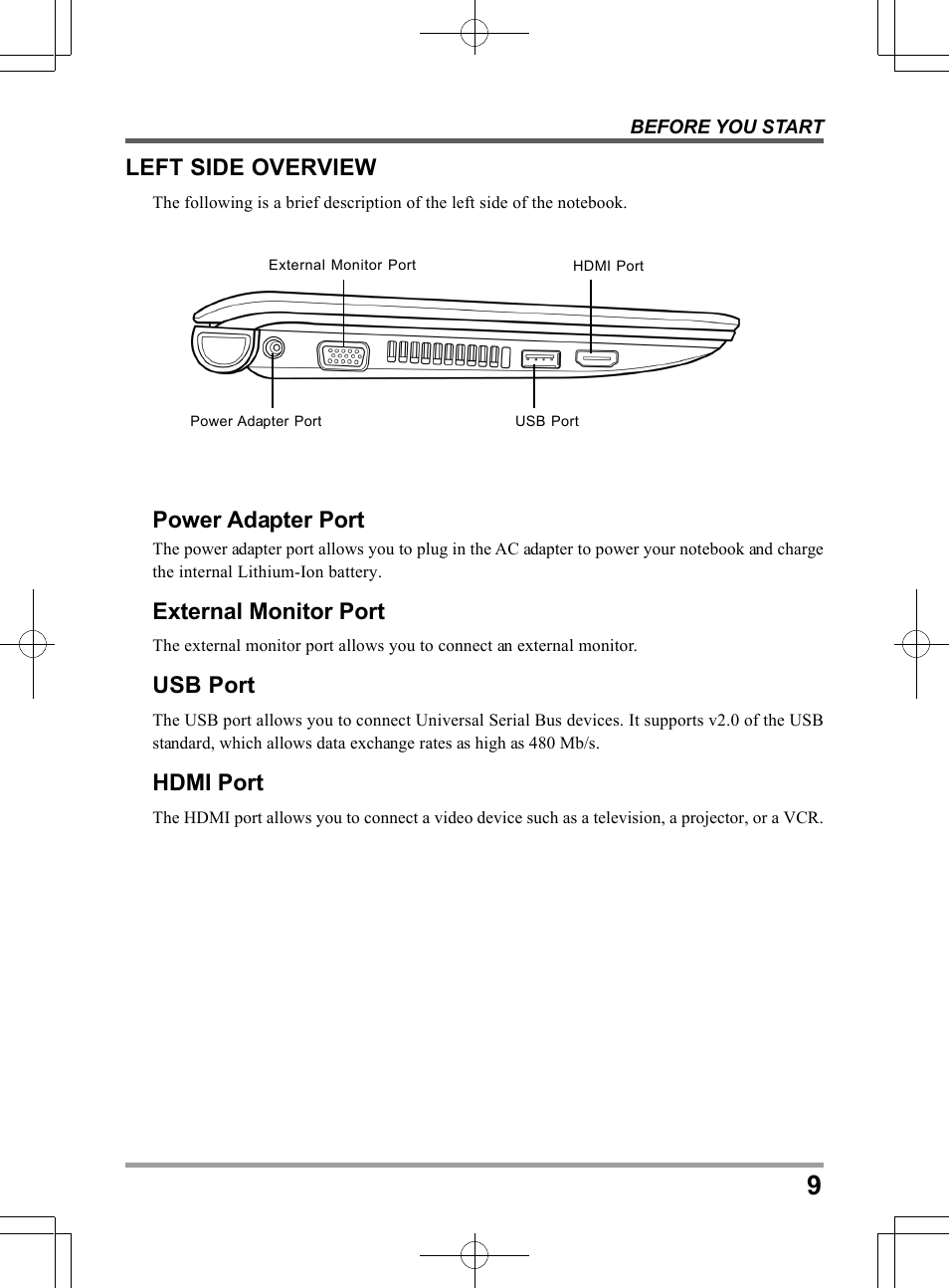 Power adapter port, External monitor port, Usb port | Hdmi port, Left side overview | chiliGREEN QW6 User Manual | Page 9 / 198