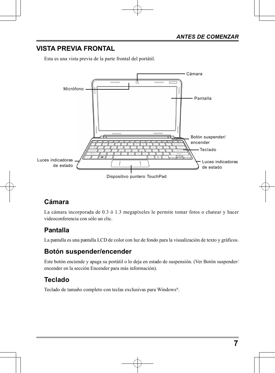 Vista previa frontal, Cámara, Pantalla | Botón suspender/encender, Teclado | chiliGREEN QW6 User Manual | Page 95 / 198