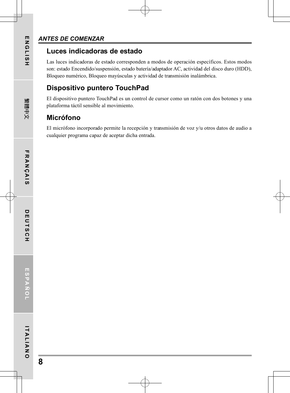 Luces indicadoras de estado, Dispositivo puntero touchpad, Micrófono | chiliGREEN QW6 User Manual | Page 96 / 198