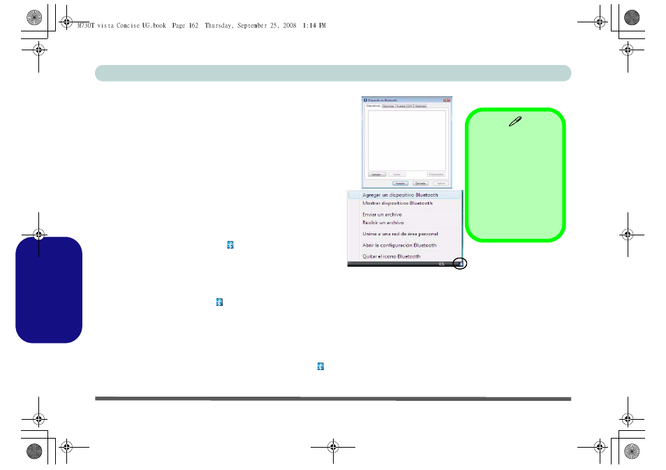 Configuración de bluetooth, Para encender el módulo bluetooth, Para agregar un dispositivo bluetooth | Español | chiliGREEN M730T User Manual | Page 168 / 216