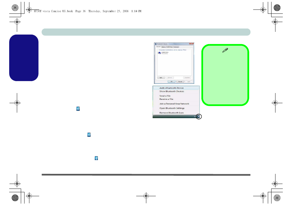 Bluetooth configuration, To turn the bluetooth module on, To add a bluetooth device | Ired (see, English | chiliGREEN M730T User Manual | Page 42 / 216