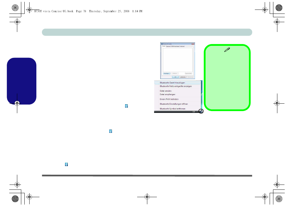 Bluetooth-konfiguration, Einschalten des bluetooth-moduls, Hinzufügen eines bluetooth-geräts | Siehe, Seite 78, Deutsch | chiliGREEN M730T User Manual | Page 84 / 216