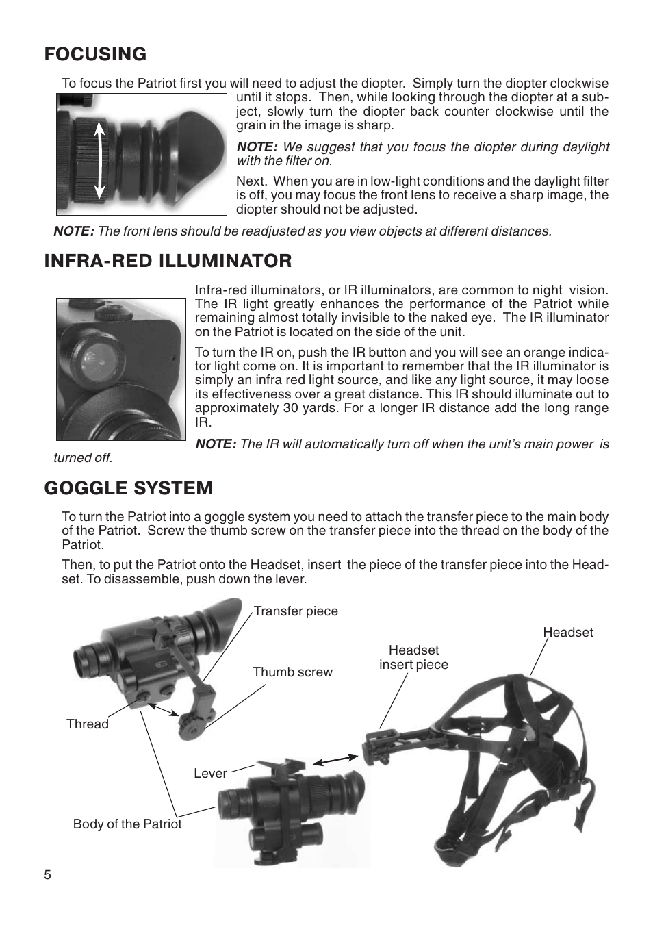 Focusing, Infra-red illuminator, Goggle system | ATN Night Patriot User Manual | Page 6 / 12