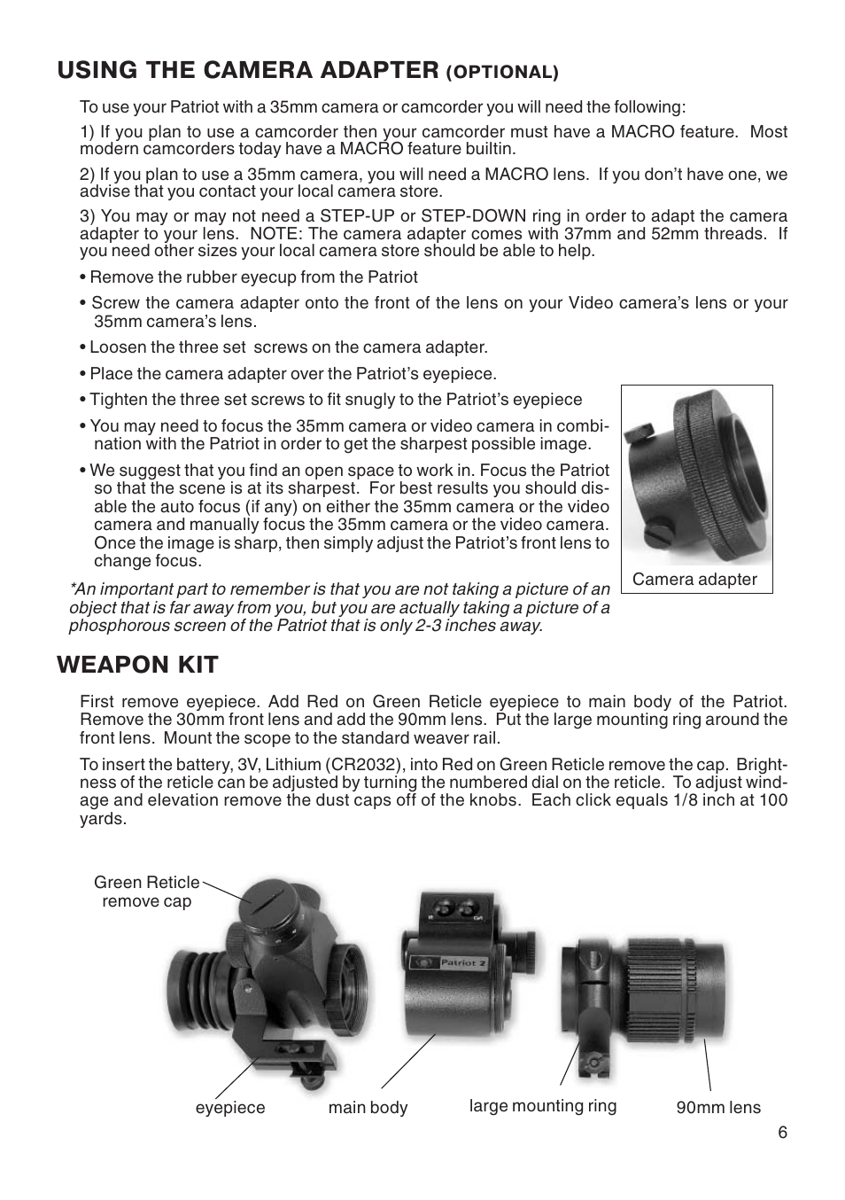 Using the camera adapter, Weapon kit | ATN Night Patriot User Manual | Page 7 / 12