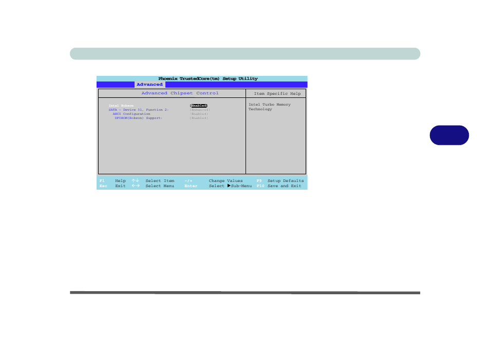 Reset configuration data: (advanced menu), Local bus ide adapter: (advanced menu), Bios utilities advanced menu 5 - 9 | Figure 5 - 4, Advanced chipset control menu | chiliGREEN 12 M72xR User Manual | Page 79 / 232